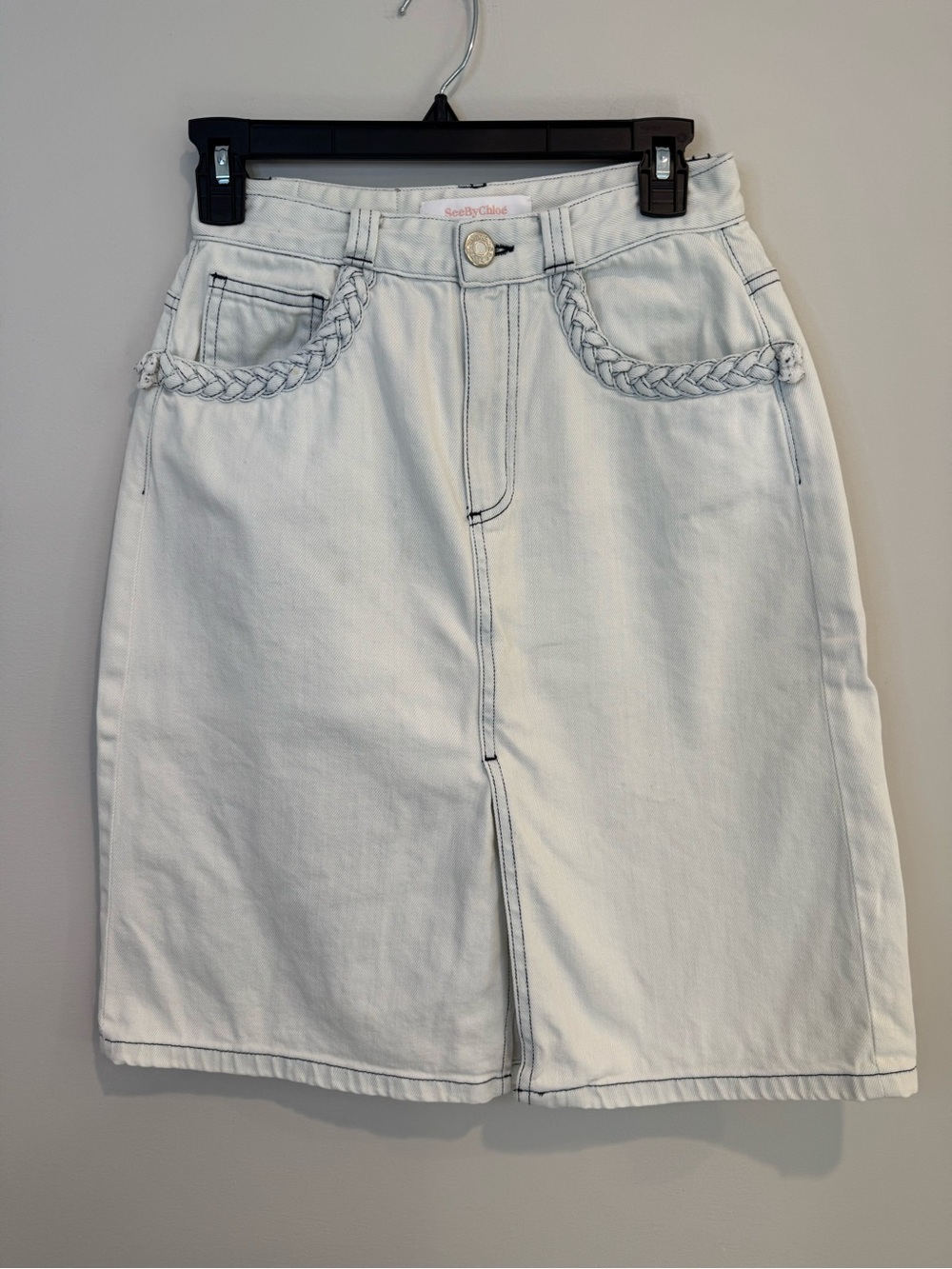 See by Chloé BarlyBlue Faded Denim Braided Pocket Denim Skirt Cottagecore Sz 4